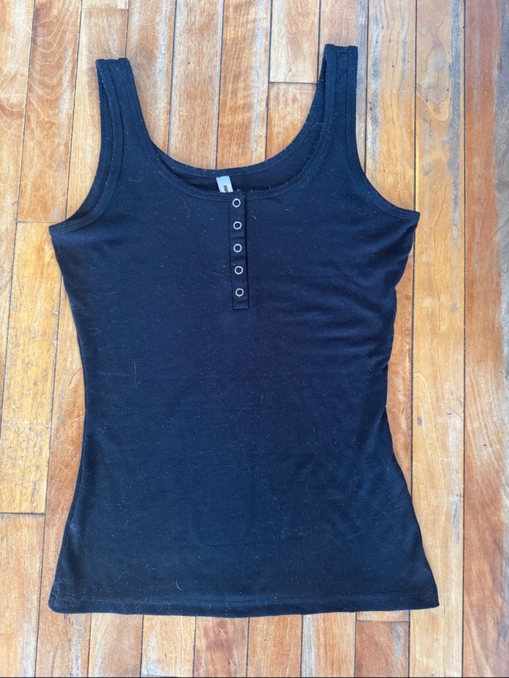 Classic Black Ribbed Tank Top with Button Placket